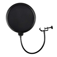 Nylon mesh pop filter shield attached to a microphone stand